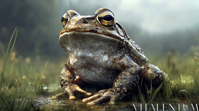 Marshland monarch frog gazes over its misty green realm.