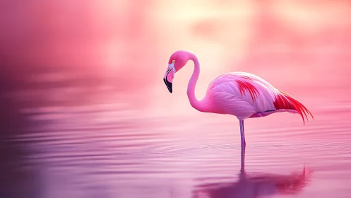 Pink flamingo standing in calm reflective pink water.