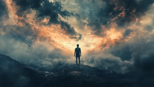 Lone dreamer standing beneath a storm-brightened sky.