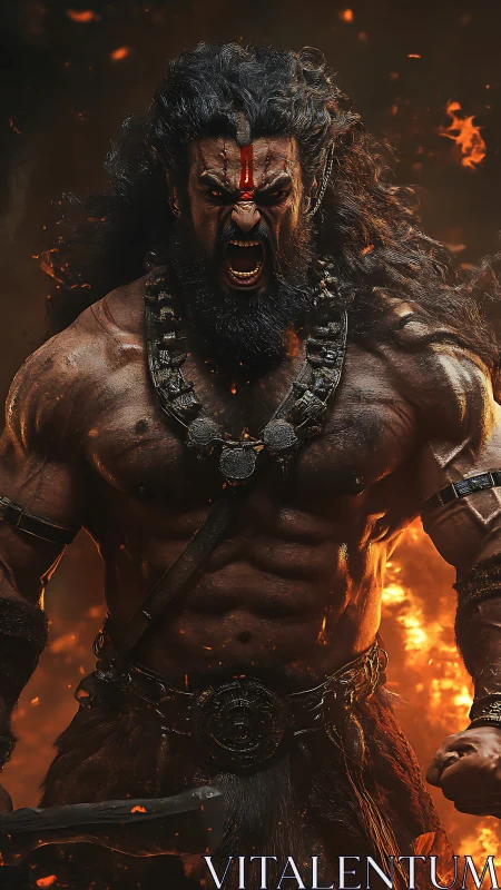 Fierce warrior roars in a storm of flames and flying embers