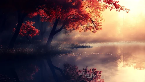 Crimson autumn trees glow softly beside a misty still lake