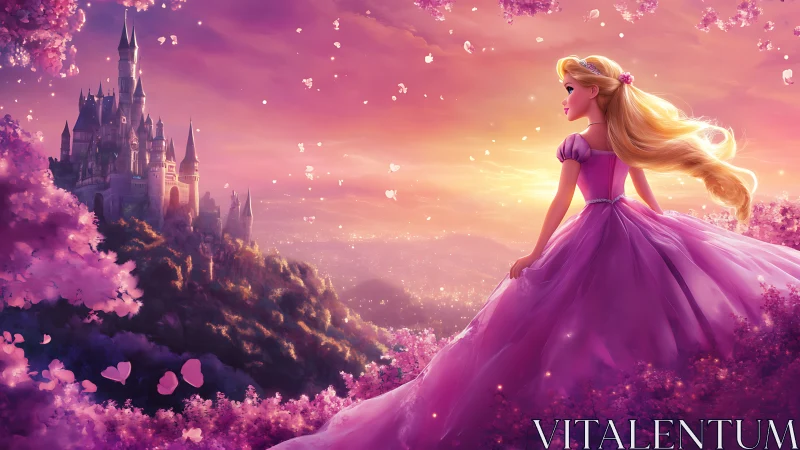 Golden haired princess in lilac gown overlooking castle at dusk.