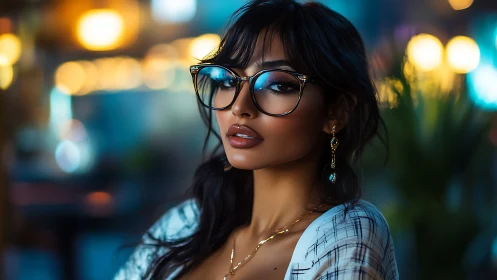 Soft city lights glow around a poised woman in glasses