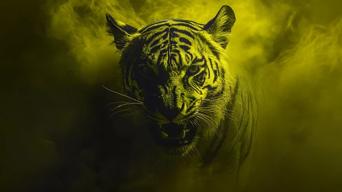 Snarling tiger emerges through toxic neon yellow smoke.