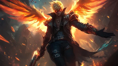 Fiery winged warrior descends over a burning dystopian cityscape.