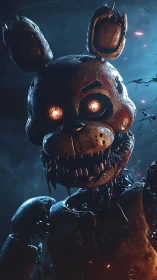 Rotten midnight animatronic grins through burning eyes.