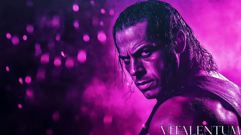 Intense male portrait under neon magenta backlight haze.