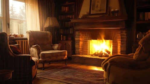 Interior room with active fireplace and traditional seating