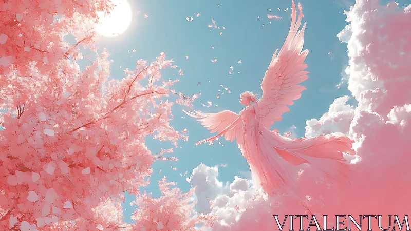 Celestial pink angel ascends between clouds and blossoms