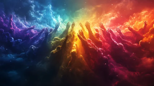 Chromatic spectral figures reaching through nebular light field.