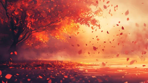 Autumn canopy with drifting foliage in atmospheric light.