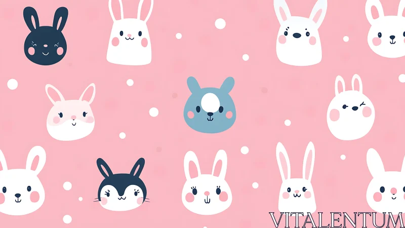 Polka-dotted bunny faces trade giggles on rosy pastel skies