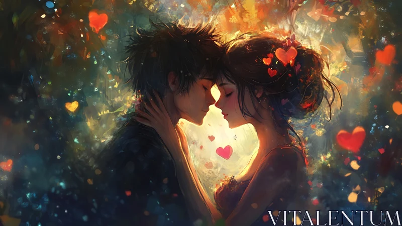 Two figures facing each other with luminous heart symbols in warm light
