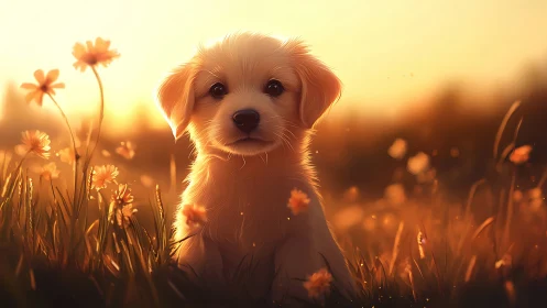 Backlit golden puppy in shallow-depth sunset meadow study.