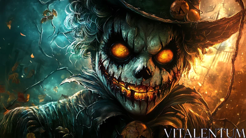 Luminous infernal scarecrow portrait with burning jack o lantern eyes