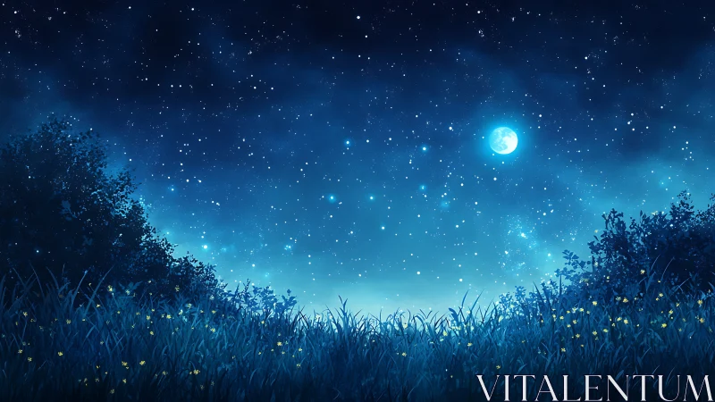 Moonlit meadow with dense star field above calm horizon