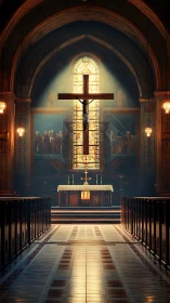 Sunlit crucifix rises through stained glass hush and shadow