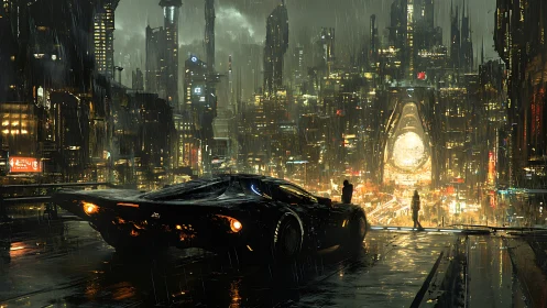 Sleek cyberpunk car overlooks neon megacity in the rain.