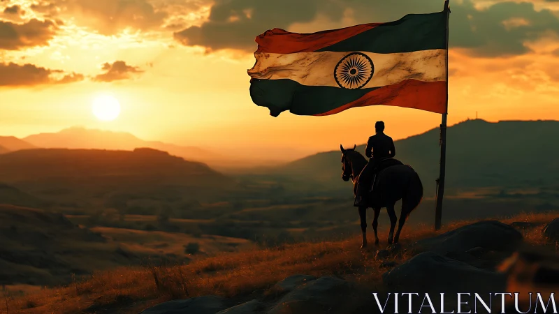 Sunset equestrian silhouette with Indian flag composition.