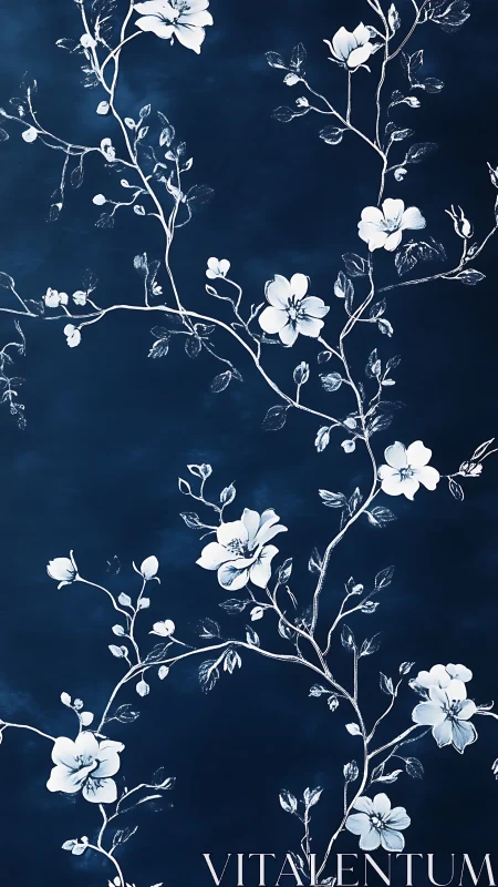White Flowering Branches on Deep Blue Background.