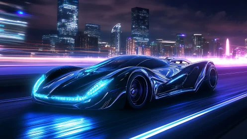 Futuristic streamlined car on neon lit urban expressway.