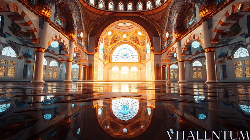 Parametric lit mosque interior with reflective marble floor symmetry