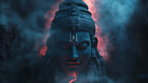 Massive blue stone deity head framed by red and blue smoke