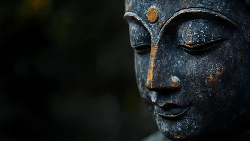 Weathered stone Buddha face with gold patina highlights.