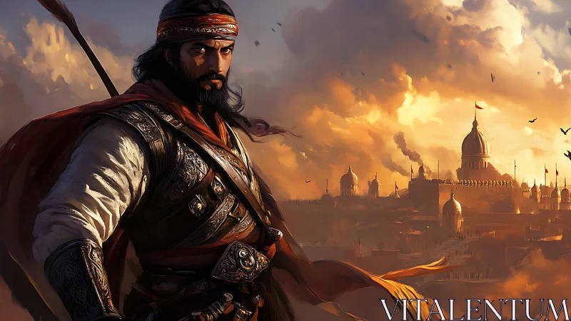 Sunlit warrior gazes over a grand ancient desert city