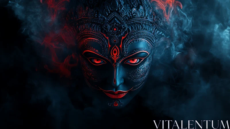 Divine blue mask with glowing red eyes in ritual smoke.