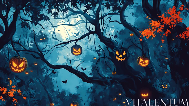 Jack o&rsquo; lantern spirits whisper through a moon-drowned forest