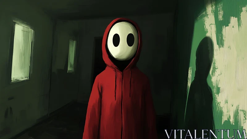 Hooded figure with blank mask in a moody painted hallway.