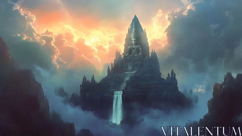 Mythic mountain temple with luminous waterfall at dawn.
