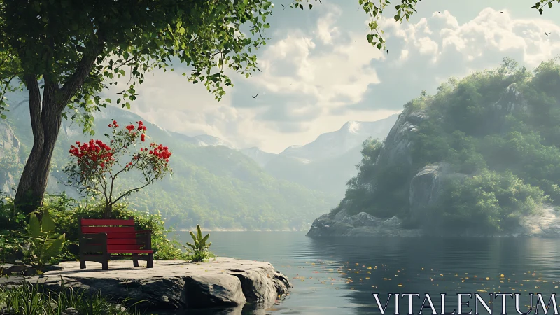 Lakeside bench and flowering tree under broad foliage shade.