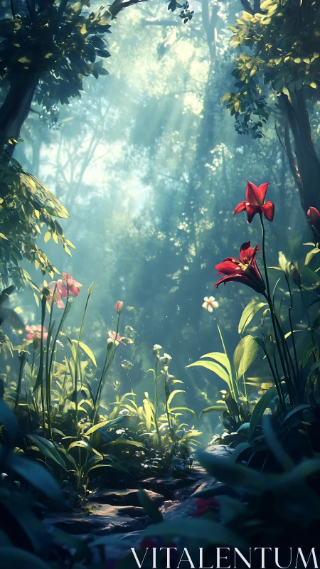 Enchanted Forest Glade with Deep Red Iris Blooms and Luminous Volumetric Light