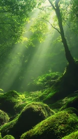 Emerald Cathedral: Ancient Forest Bathed in Celestial Rays.