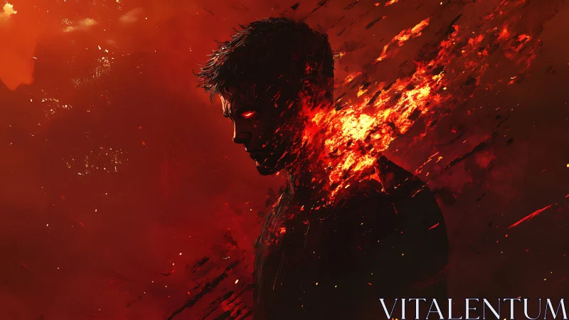 Silhouetted male figure dissolving into fiery fragments.