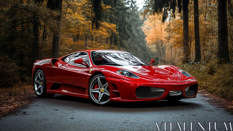Shining red sports car resting along a quiet autumn road.