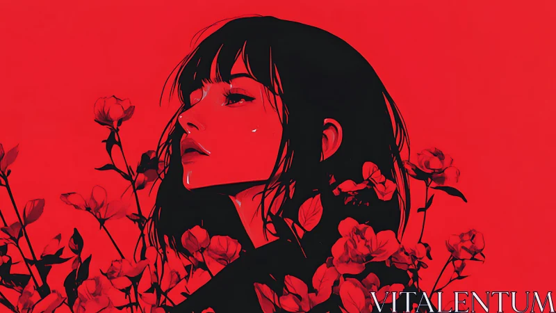 Crimson-lit woman emerges from blooming roses in silence.