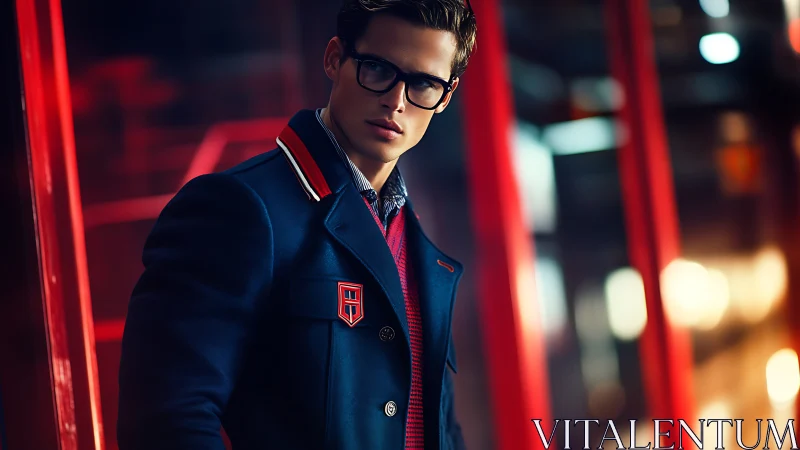 Stylish man in navy coat stands in neon city corridor