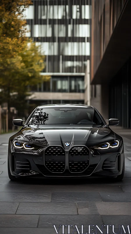 Black BMW sedan front view in modern urban courtyard.