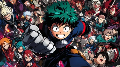 Green-haired hero surges ahead, classmates in blazing pursuit.