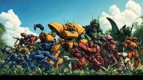 Mech animal squad poised for jungle battle under sunlit sky.
