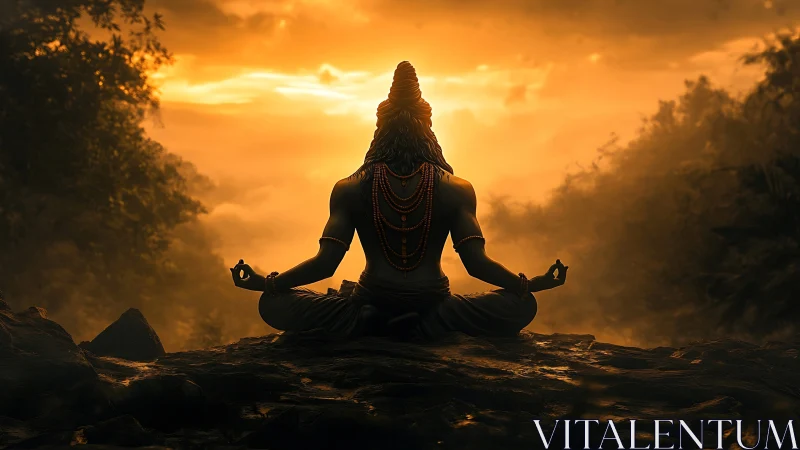 Golden dawn meditation with serene mountain sage.