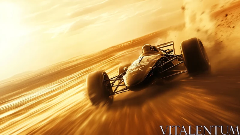 Blazing race car surging through golden desert light.