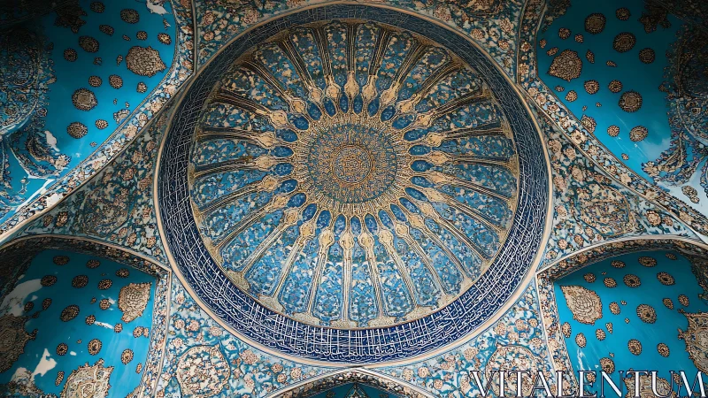 Islamic mosque dome with radial geometric blue ornament.