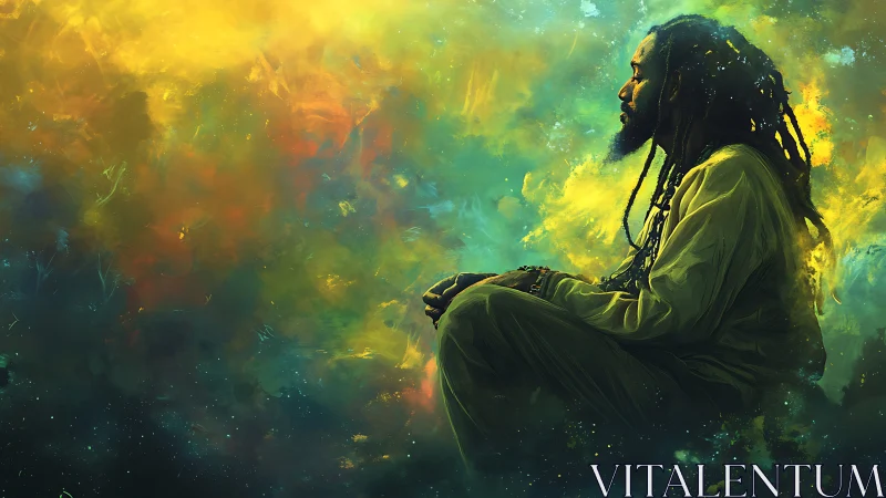 Quiet cosmic meditation in swirling golden light.