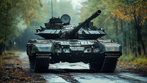 Main battle tank on wet forest road under overcast sky.