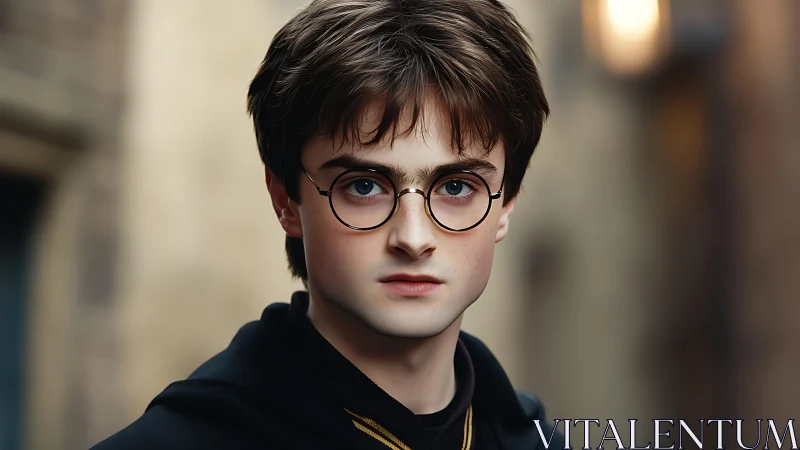 Young wizard portrait with round glasses and soft bokeh background.