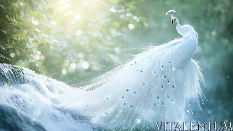 Elegant white peacock by waterfall in ethereal, dreamy forest scene.